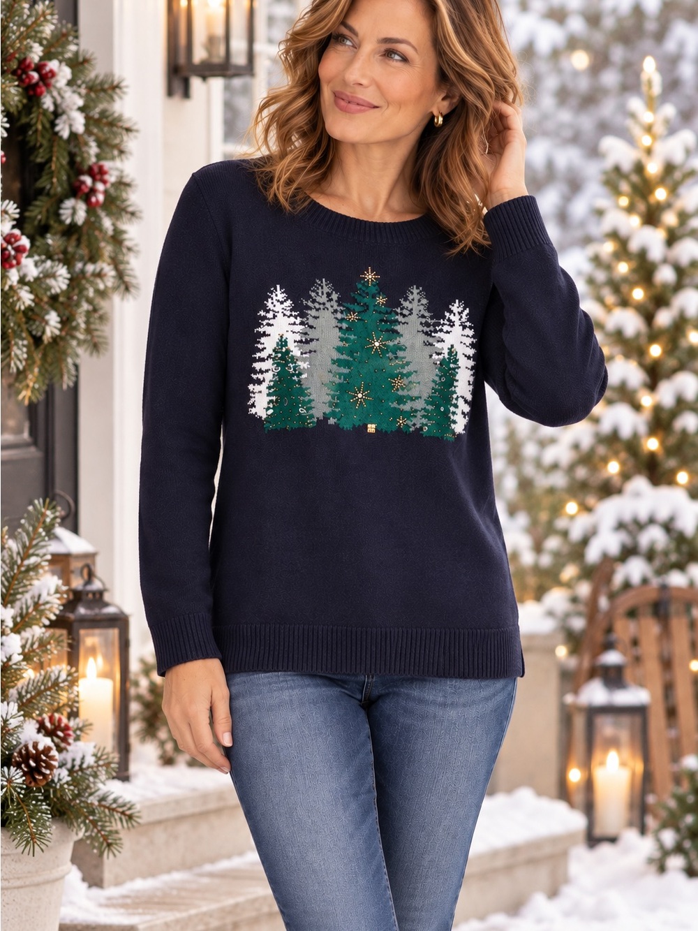 Talbots NWT Holiday Winter Forest Trees Sweater Navy Sparkle M